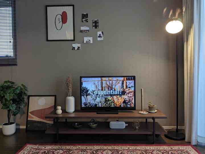 グレーの壁にブラウンウッドのテレビ台が配置されたリビング、フロアランプと観葉植物が温かみのある雰囲気を演出