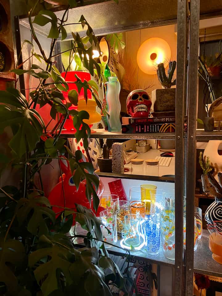 Indoor space with green plants and metal shelving displaying colorful vintage glassware illuminated by ambient lighting in Showa Retro style