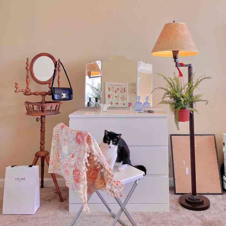 Beige-toned bedroom featuring a white dresser and a cat, creating a cozy atmosphere