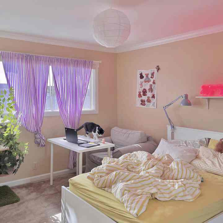 Cozy single-person bedroom with yellow bedding and white furniture, featuring a cat on the desk and remote work setup