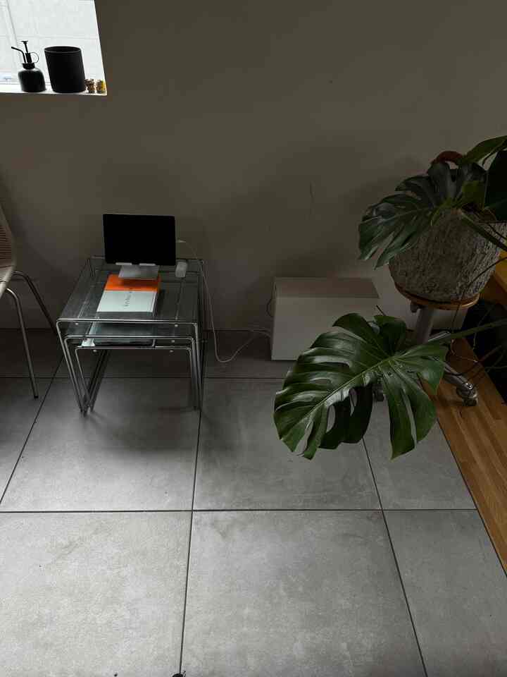 白い壁とグレーのタイル床のモダンな空間、透明なサイドテーブルと緑の植物が配置されたシンプルなインテリア