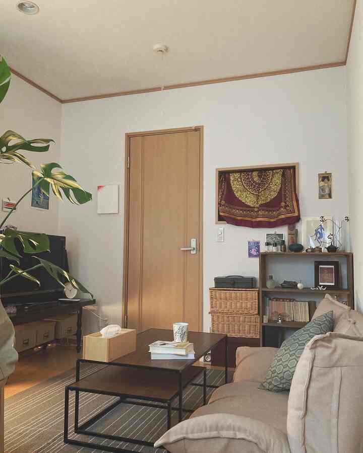 Natural toned 1K living room featuring beige sofa, wooden coffee tables, and green plant creating cozy ambiance
