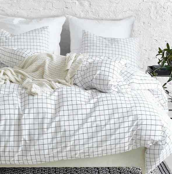 ブラック＆ホワイト・ライン チェック プリント ベッドリネンセット