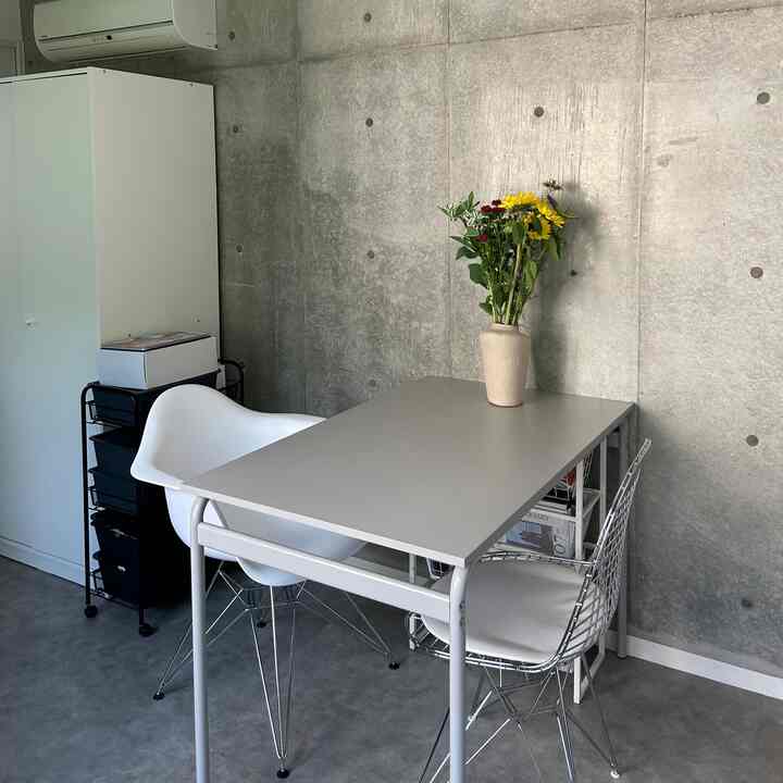 Modern dining room with gray concrete wall backdrop, featuring a gray dining table, white armchair, and wire base chair in a clean setting