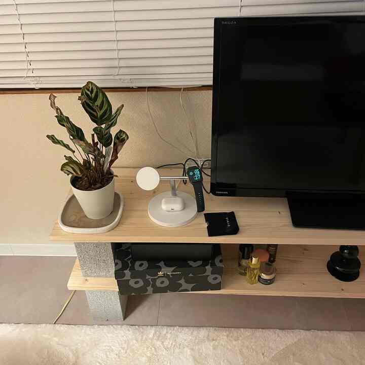 白と木目調が調和したリビング、テレビ台と植物が配置されたシンプルな空間