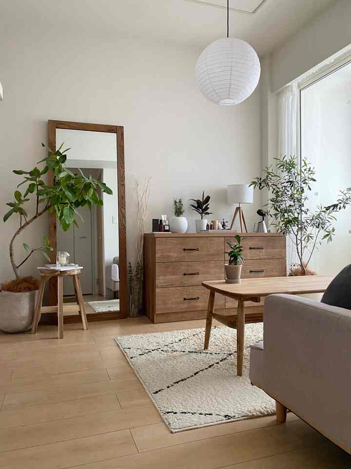 Natural color and wood tone living room featuring coffee table, large mirror, and plants, creating a warm and serene atmosphere