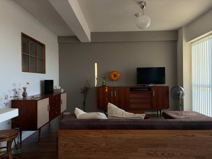 Brown wood tone and gray living room with mid-century modern sofa and TV stand arranged in cozy space