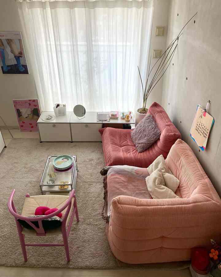 Cozy living room with bright white curtains and pink sofas featuring a pink Y Chair
