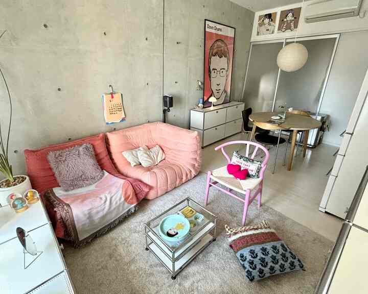 Modern small living and dining room featuring pink sofa, pink Y chair, concrete wall, and beige rug enhancing natural ambiance