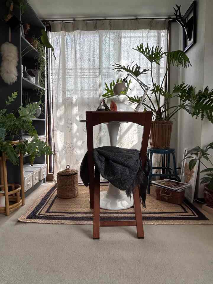 Natural tones and brown hues in a veranda space featuring houseplants and curtains creating a cozy atmosphere