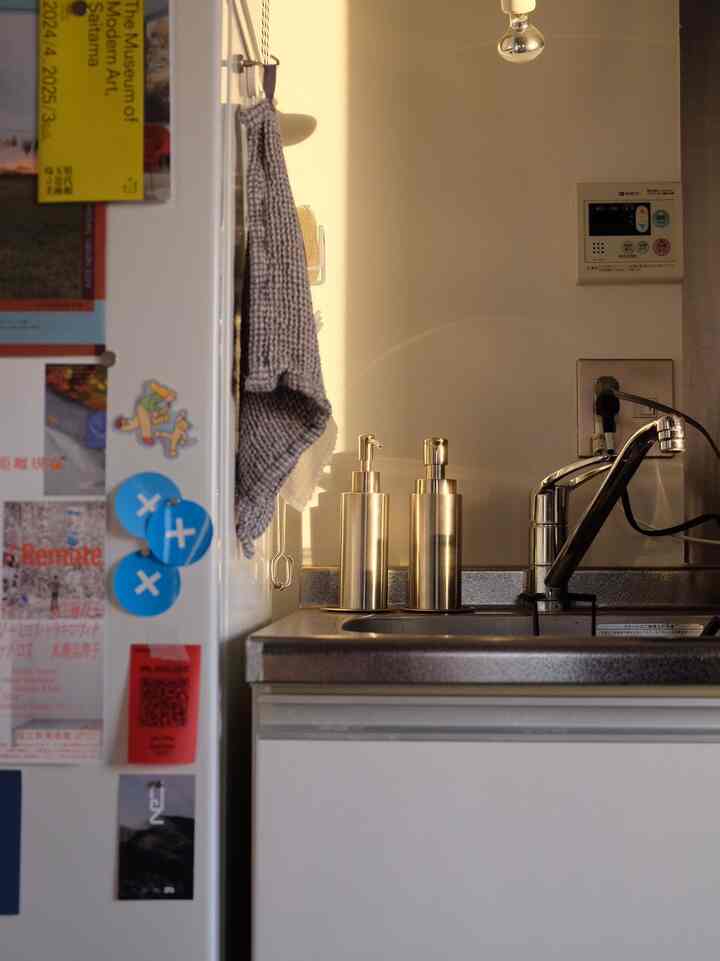 白とシルバーのトーンのワンルームキッチン、ステンレスシンクと金属製のソープディスペンサーが配置された清潔感のあるインテリア