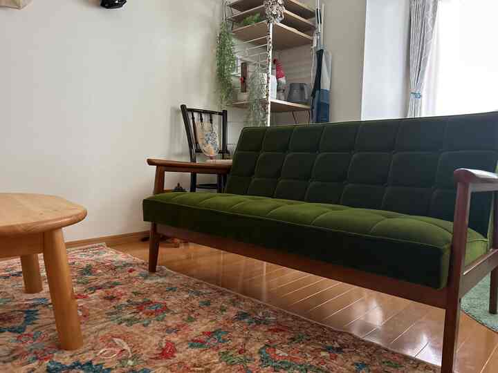 Studio apartment living room featuring a dark green Karimoku 60 sofa with wood-tone furniture and patterned rug creating a cozy atmosphere