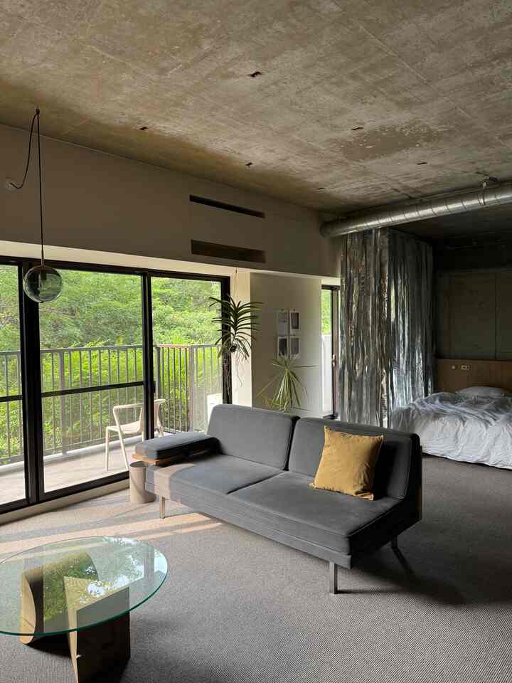 ベージュのカーペットとグレーのソファが配置されたワンルームのリビング、大きな窓から自然光と緑の植物が見えるモダンなインテリア