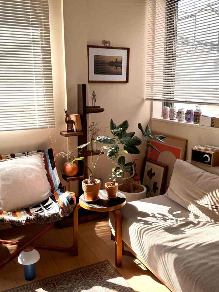 Warm natural-tone living room featuring a beige sofa and wooden stool with potted plants, creating a cozy atmosphere