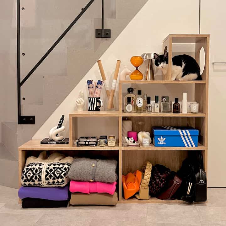 Natural wood-tone shelving against white wall in a compact single household space featuring a black and white cat and organized storage items