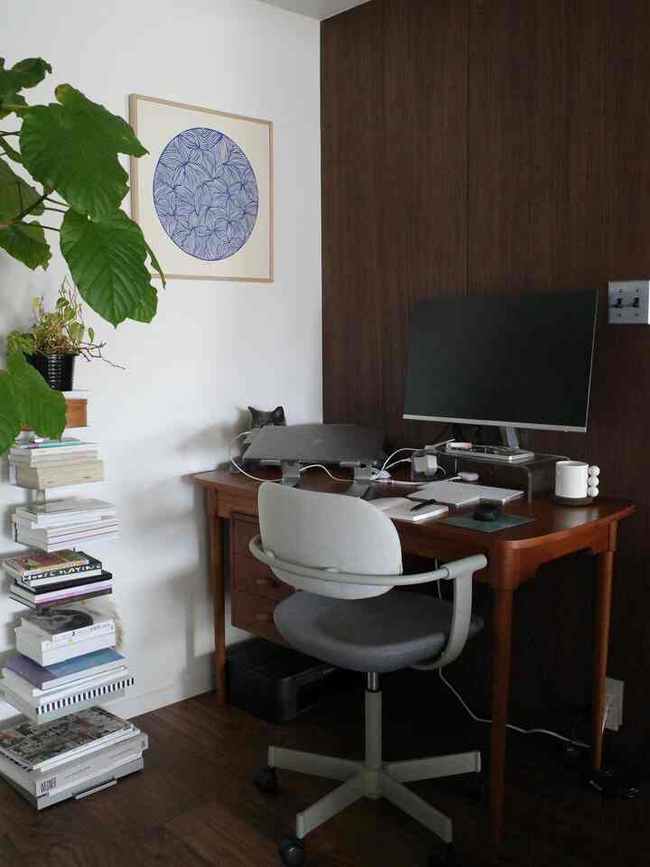 Brown-toned home office with wooden desk and white walls, featuring bookshelf, plant, and a cat sitting behind the laptop