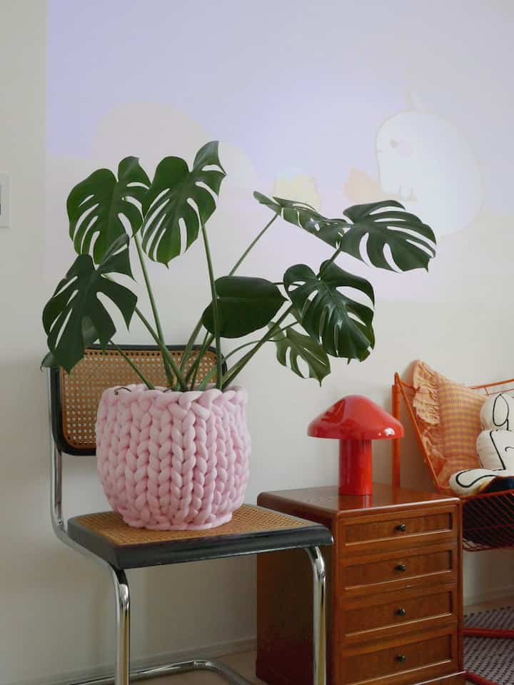 New color🍧 照明のパキッとカラーを中和するために、淡ピンクで新しい鉢カバー編みました🪴
全体的に優しいトーンになってくれてよかった☺️

 #建売 #カラフルインテリア #colorfulhome #鉢カバー 