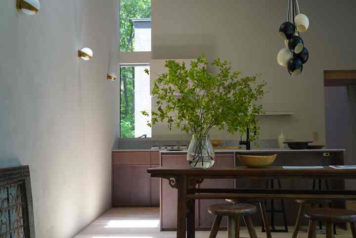 Beige walls and wooden furniture harmonize in a kitchen and dining room, featuring a green plant centerpiece creating a natural atmosphere