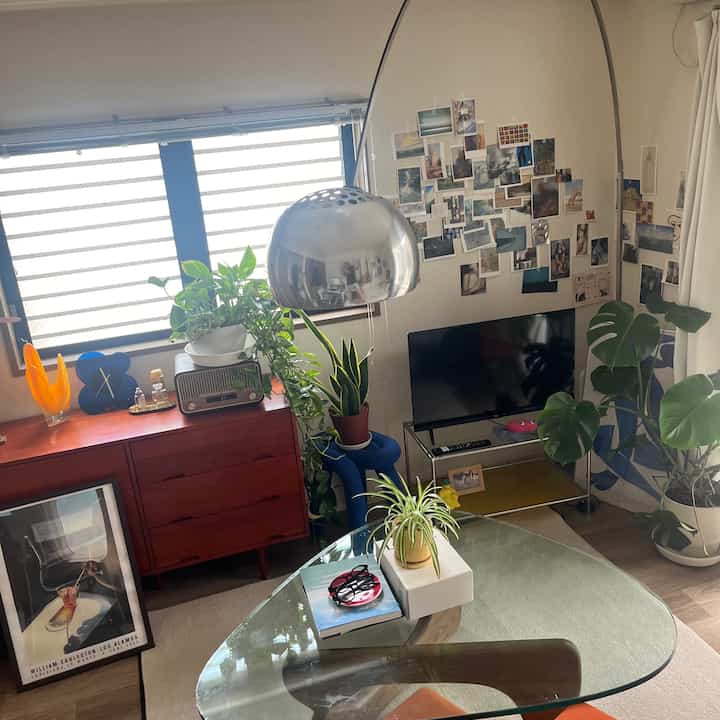 ネイビーとウッドトーンの調和がとれた8畳ワンルームリビング、観葉植物とミッドセンチュリーモダン家具が配置された雰囲気のある空間