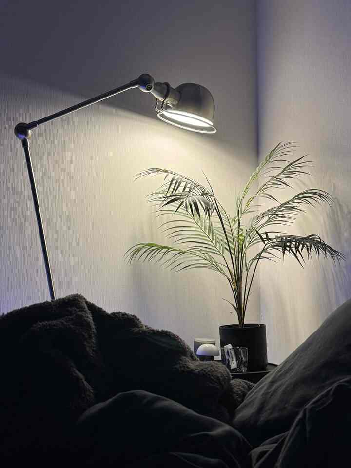 ベージュ色の壁と黒のサイドテーブルにフロアランプとフェイクグリーンが置かれたコンパクトな部屋