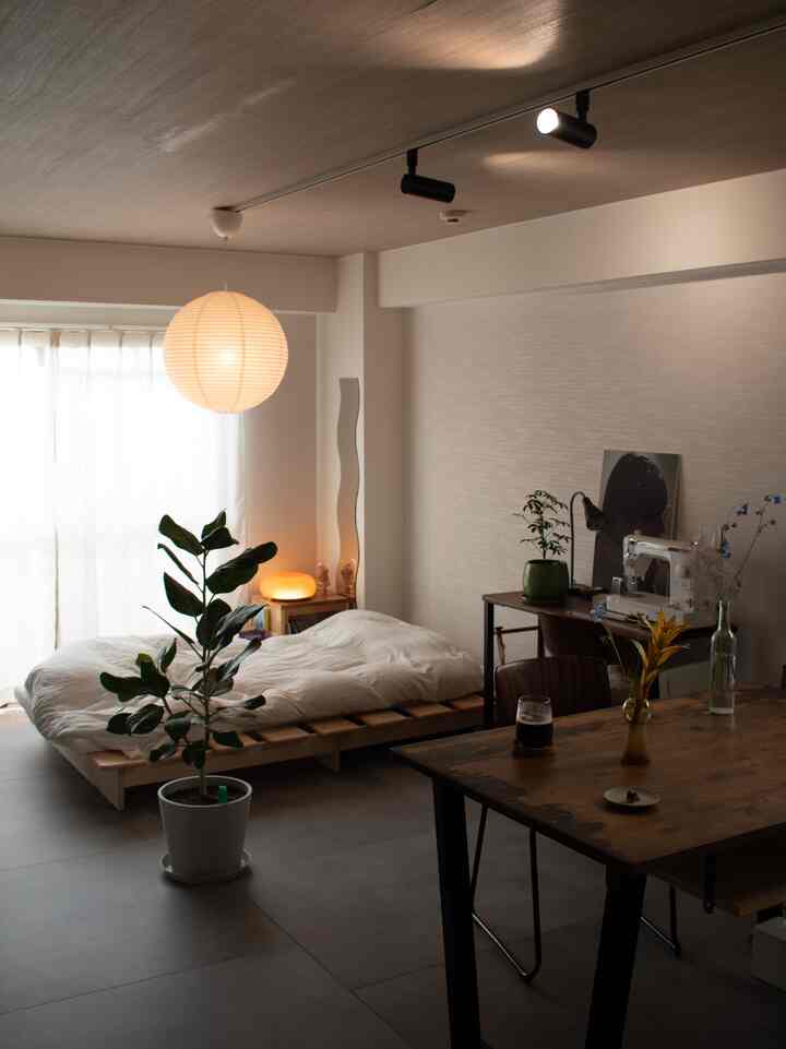 ナチュラル調のワンルームリビング、木製のダイニングテーブルとシングルベッド、観葉植物が配置された雰囲気のあるインテリア