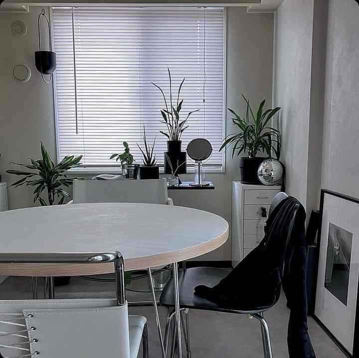 ダイニングキッチン
我が家ではここだけが長い時間日当たりがいいので観葉植物をまとめて置いてます🪴
ゆ〜っくりしながらグリーンを眺めるのが好き💚
 #ダイニングスペース  #ラウンドテーブル  #無機質インテリア #ikea #ポスターインテリア  #ミラーボール #観葉植物 #シンプルな暮らし  #ライフスタイル  #soft minimal  #ダルトン　