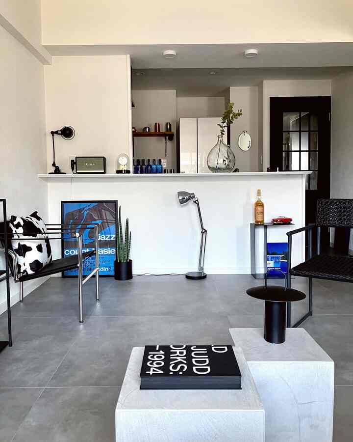 モノトーンのリビング、シンプルな家具と照明が配置された印象的な空間