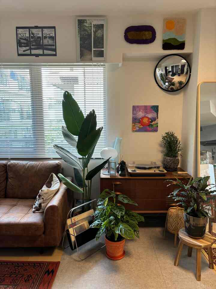 ナチュラルなブラウン色調のリビング、ソファや植物、壁に設置された2つの凸面丸形鏡が配置された雰囲気のある空間