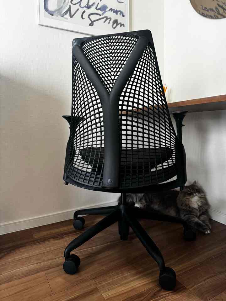 自然な色調の木床と白い壁の小さな部屋に、黒いモダンなオフィスチェアと机の下でくつろぐ灰色の猫が配置された雰囲気のあるインテリア