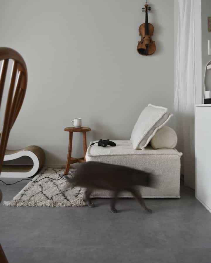 Saat ini aku sedang melakukan DIY dan masih ada ruang kosong di sekitar sini, tapi karena sofa ini ringan, aku mudah memindahkannya untuk membuat ruang tidurku sendiri 🎮♡ Nyaman karena aku bisa memindahkannya dengan cepat jika memerlukan ruang lebih ~  #リトルム #二人暮らし #一人暮らし #模様替え #モルタル床 #コンクリ床 #フロアタイル #diy {8 # Perlengkapan DIY} #猫インテリア #猫がいる暮らし #1人用ソファ #ラグ #ベニワレン #爪研ぎ #アンティークインテリア #古家具 #古道具