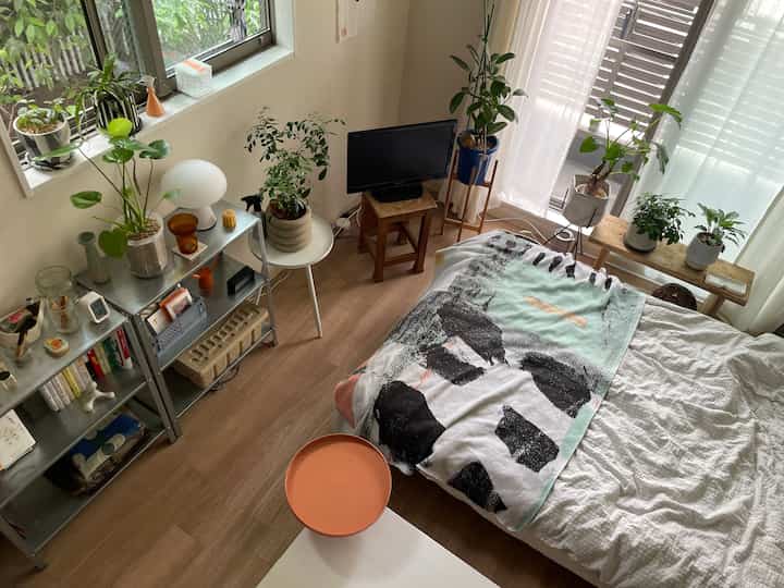 ナチュラルな色調の1K寝室、複数の観葉植物とメタルシェルフが配置された雰囲気のあるインテリア