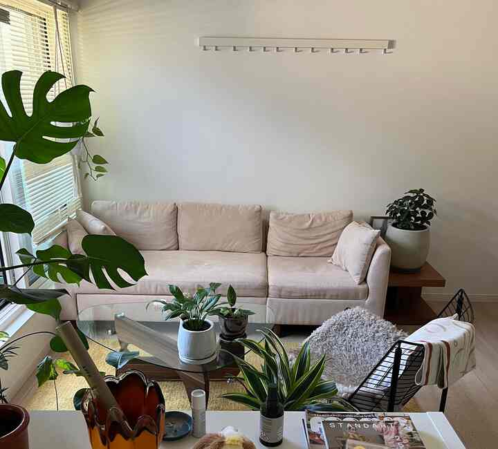 アイボリーのソファとガラスのコーヒーテーブルが配置された明るく自然な印象のリビング、複数の緑の植物が居心地の良い雰囲気を演出