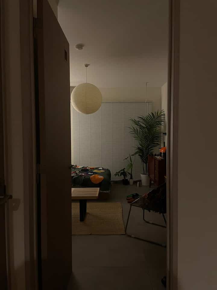 ナチュラルカラーの狭くて居心地の良い一人暮らし用寝室、ペンダントライトや木製ベンチ、植物が配置されたインテリア