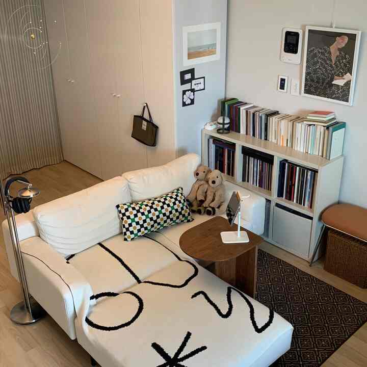 ナチュラルな色調のワンルームリビング、白いソファと本棚が配置された落ち着いた小さな空間