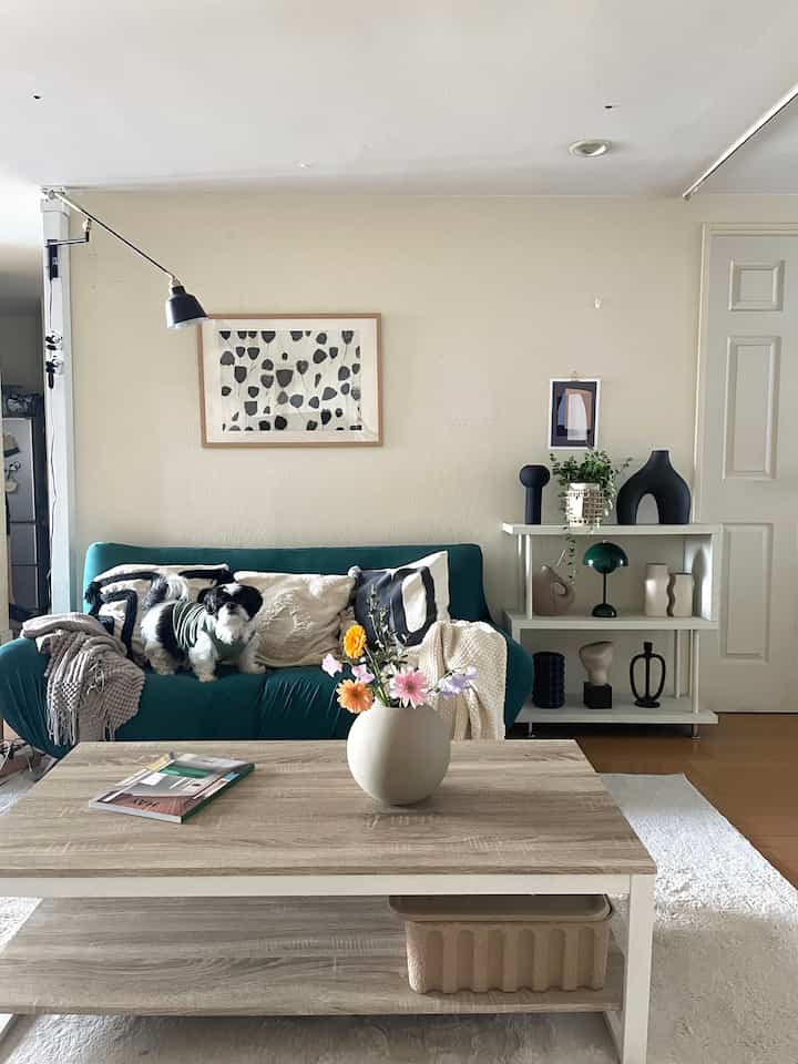 Natural and monotone toned living room featuring a green sofa, white rug, and decorative shelves with a cozy atmosphere
