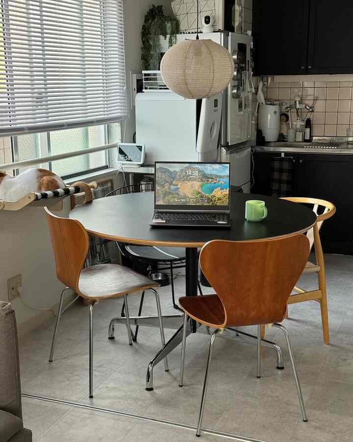 白と木目調の調和が取れた一人暮らしのダイニング、シンプルで整然としたレイアウトに猫がいる温かみのあるインテリア