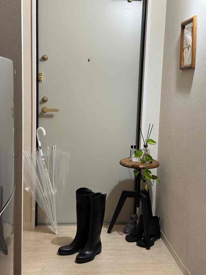 Beige floor and light gray door entrance with black rain boots and umbrellas, wooden stool featuring diffuser and plant in a neat space