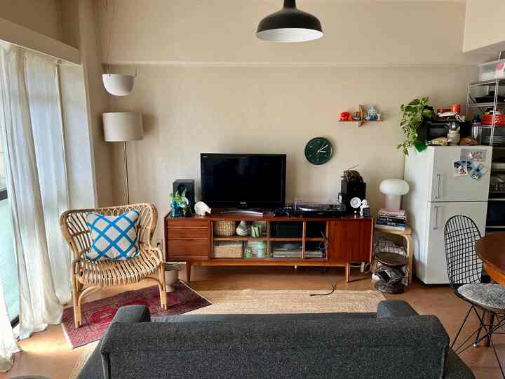 Beige-toned living room featuring central TV stand, sofa, rattan chair, and plants with a natural modern vibe