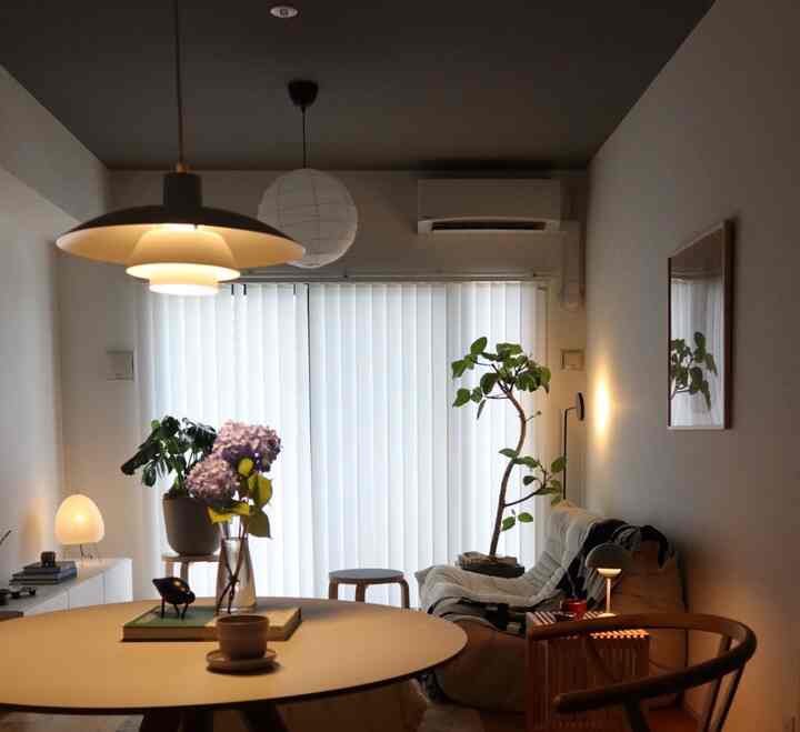 柔らかな自然色調の北欧風リビング、ペンダントライトと植物が配置された雰囲気のあるインテリア