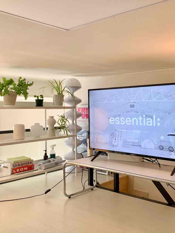 White-toned studio living room with metal shelving, plant decor, smart TV, and modern lighting creating a cozy atmosphere