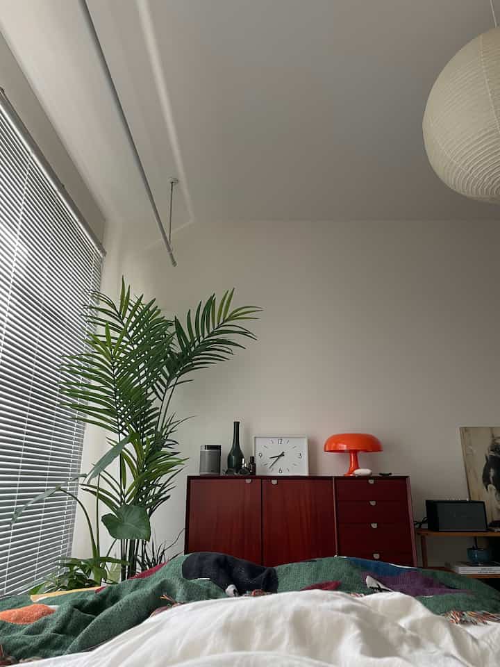 White and brown toned bedroom featuring bed with duvet cover and green plants, simple Nordic style interior