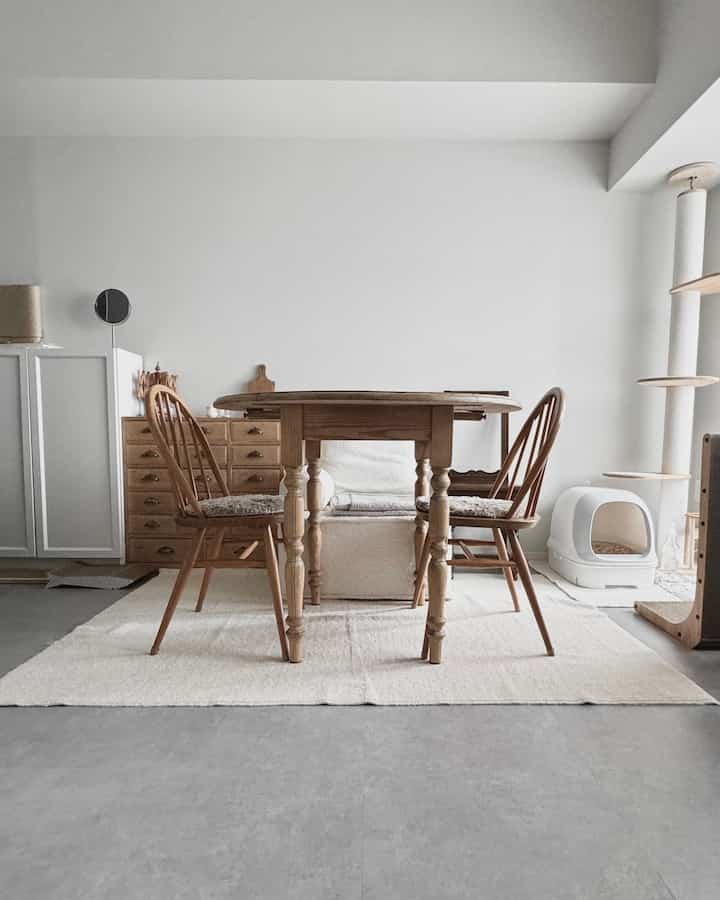 DIY中なので家の家具をぜーんぶはしっこに寄せてます。そこまで不便さはないし、ぽっかり空いた空間で猫と思いっきり遊べるのもいいんだけどやっぱり早く戻したい🤣

#DIY #猫とインテリア #賃貸 #賃貸暮らし #1ldk #間取り #洗えるラグ #ダイニングテーブル #丸テーブル #アンティークテーブル #ろくろ脚 #アーコールチェア #ラグ