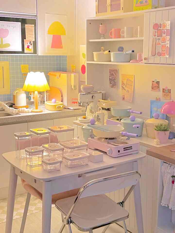 Bright white and pastel pink toned kitchen featuring white cabinets and a table organized with transparent vacuum containers