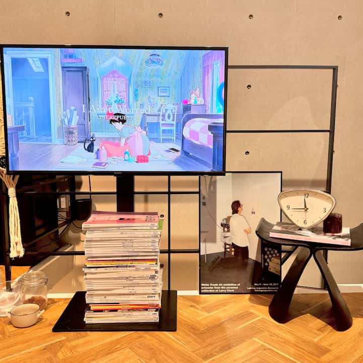 Natural-toned living room featuring a modern stool and TV stand with a cozy cat-themed atmosphere