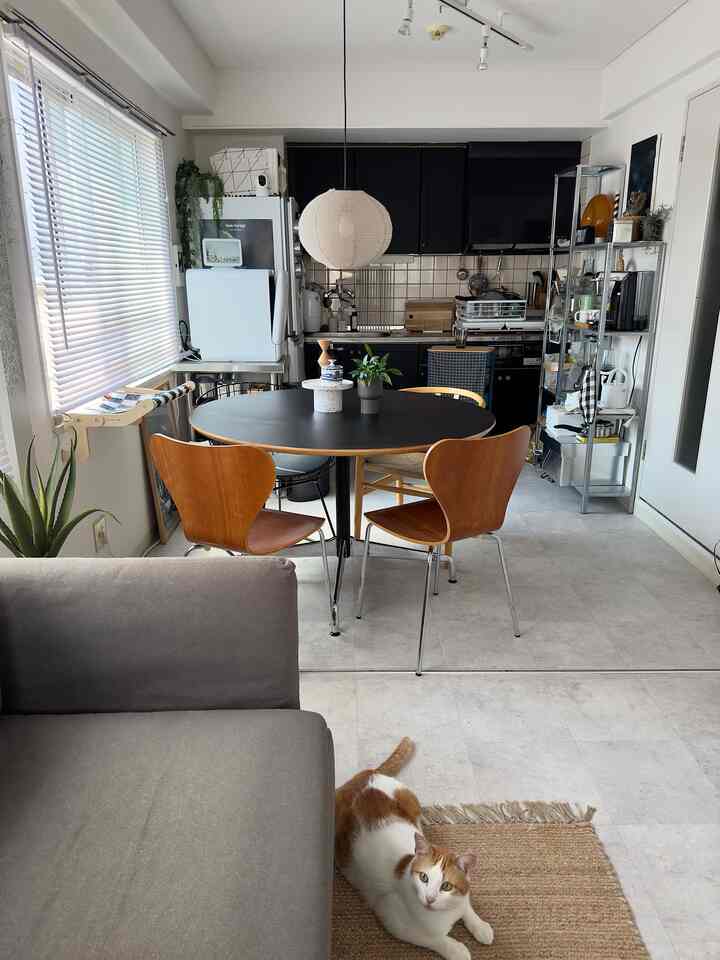 ナチュラルとブラックの色調が特徴の1LDKダイニングスペース、丸テーブルと木製チェアが配置されたシンプルで温かみのあるインテリア