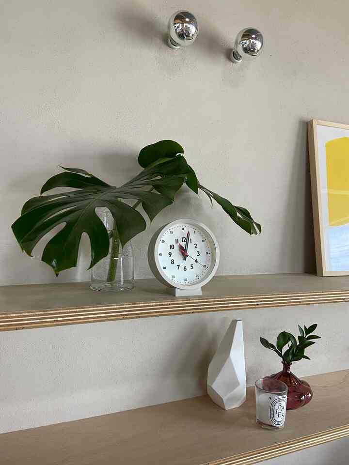 初夏のウォールシェルフ。モンステラの水差しは管理がしやすく暑さにも強く、夏らしいトロピカルな雰囲気になるので暑い季節にピッタリです。

#ふんぷんくろっく #ウォールシェルフ #置き時計 #モンステラ