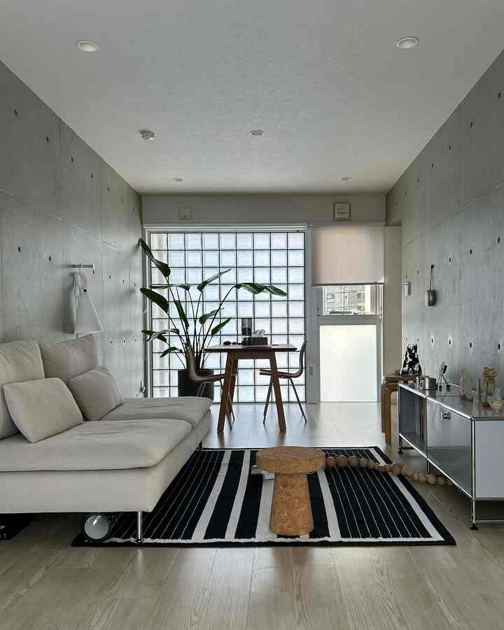White and gray toned living room featuring sofa, dining set, cork side table, and plant in a modern, minimal space