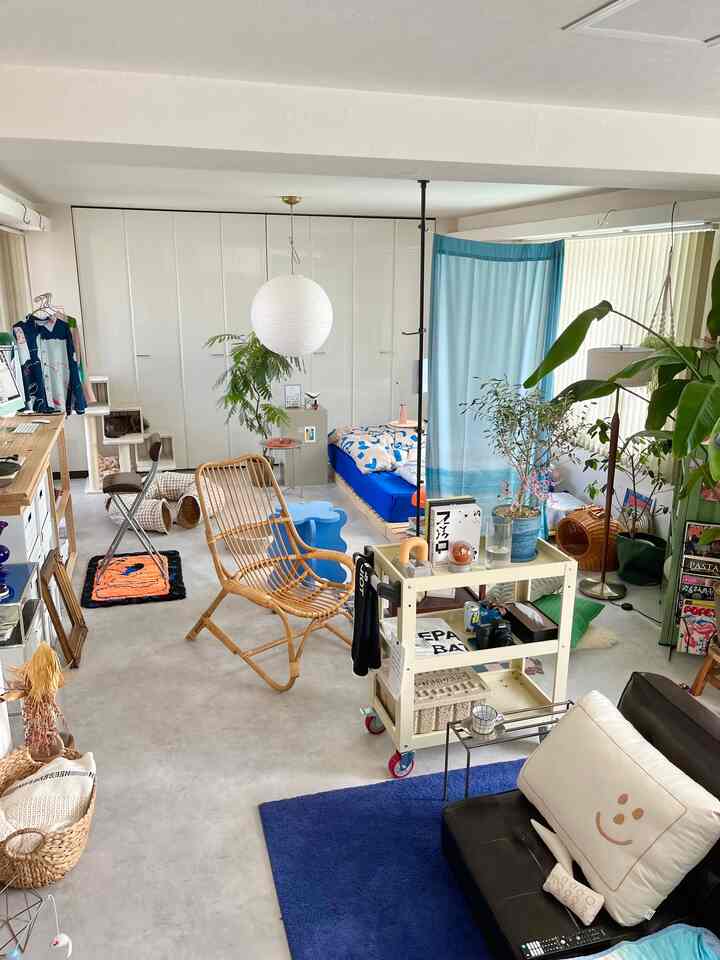 Natural-toned living room with blue curtain featuring a cat tower, rattan chair, and cozy compact layout