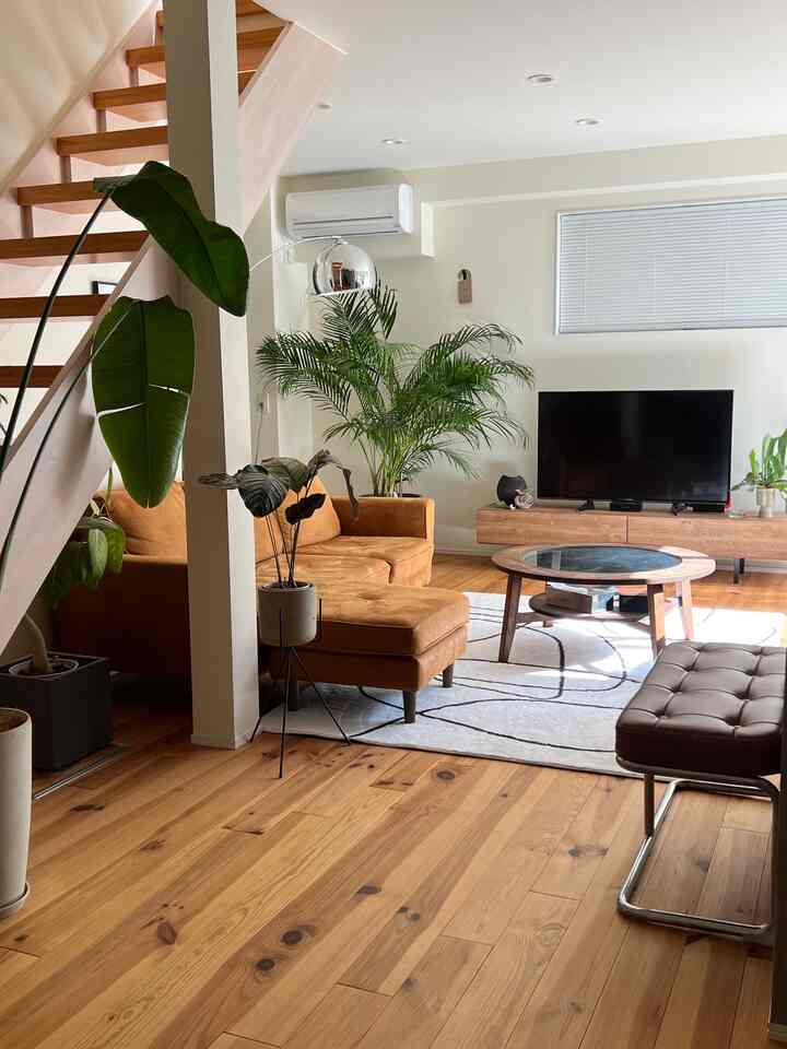 ナチュラルな木目調とグリーンの観葉植物が配置されたリビング、暖かみのあるオレンジ色のソファと丸いコーヒーテーブルのある雰囲気のある空間