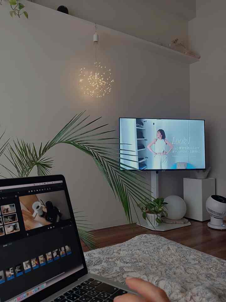 ライトグレーの壁とブラウンの木製床を持つ寝室、ベッドと植物、テレビ台、ストリングライトが配置された雰囲気のある作業空間